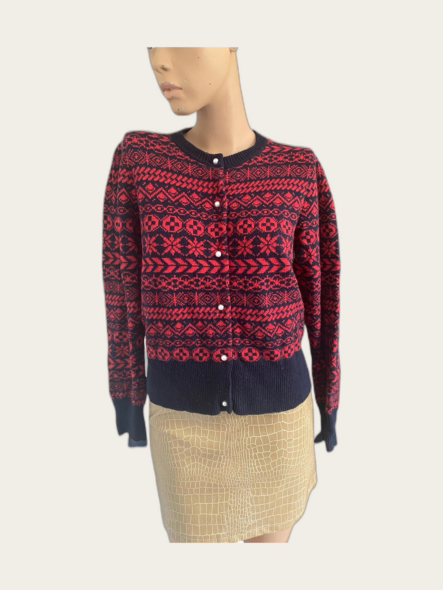 Jacquard gebreid vestje met parelknoopjes